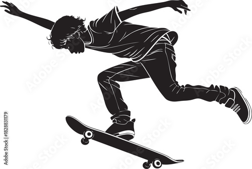 Dynamic Skateboarder Silhouette: Capturing the energy of youth as a skateboarder performs a daring trick, silhouetted against a plain background, creating a sense of motion and freedom.