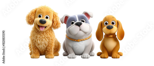 Three cartoon dogs of different breeds and colors, smiling together against a transparent background