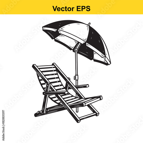 Black and white vector illustration of a beach chair and umbrella isolated on
