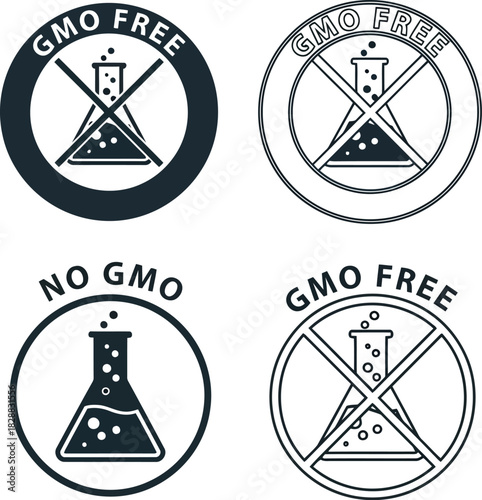 Four circular icons representing gmo free and no gmo labels for products and packaging vector