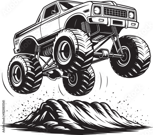 Vintage monster truck jumping over obstacle vector monochrome concept illustration
