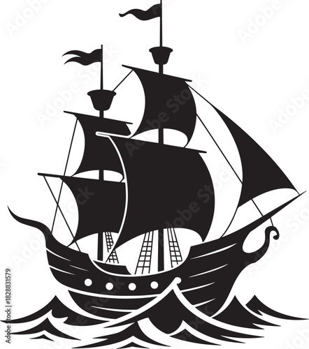 Vintage sailing ship boat on sea waves marine vessel antique transportation