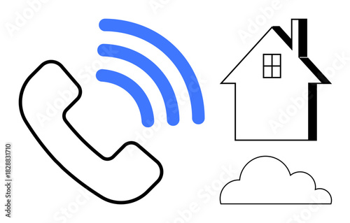 Landline phone with signal waves, house, and cloud depicting communication, connection, telecommunication, network, home services, remote support and technology. Ideal for simple flat metaphor