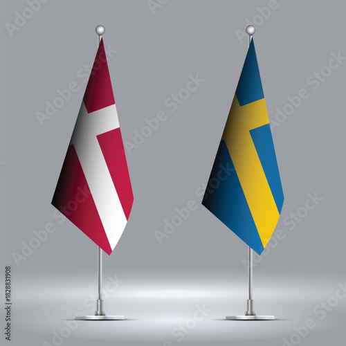 Two Standing Flags Representing Denmark vs Sweden with Flags on Bodies 