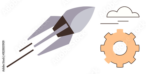 Rocket soaring, gear symbolizing process, and cloud evoking aspiration. Ideal for innovation, technology, startups, progress, development creativity and ambition concepts. A simple flat metaphor