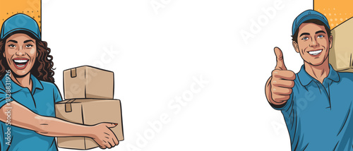 A girl with a loader guy, a courier in pop art style with boxes smiling at an empty banner