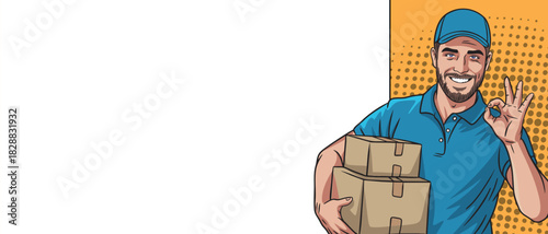 A pop art style loader guy with boxes shows an OK blank banner.