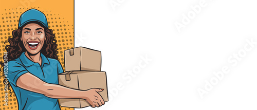 A pop art style female loader or courier with boxes smiles at an empty banner.