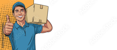 A loader guy, a courier in pop art style with boxes, shows a well-made blank banner