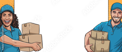 A girl with a loader guy, a courier in pop art style with boxes at an empty banner