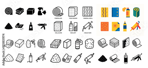Insulation materials and tools icons
