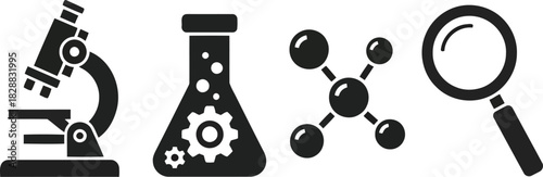 Microscope flask molecule magnifying glass science research lab experiment chemistry biology discovery vector