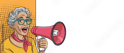 Pop art style grandmother with a loudspeaker near an empty banner