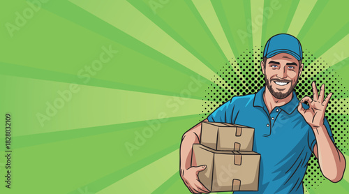 A pop art style loader guy with boxes shows an OK blank banner.