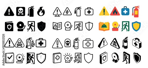Safety icons collection: warning, fire
