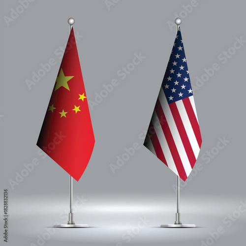 Two Standing Flags Representing USA vs China with Flags on Bodies 