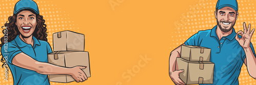 A girl with a loader guy, a courier in pop art style with boxes smiling 