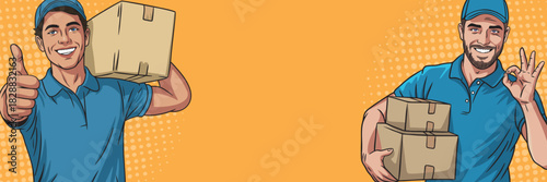 Two guys, a loader and a courier in pop art style with boxes, smiling at an empty banner