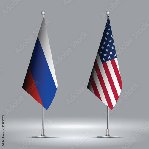 Two Standing Flags Representing USA vs Russia with Flags on Bodies 