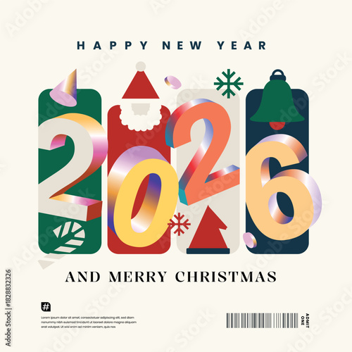 Happy New Year 2026 and merry christmas square template with 3D numbers. Social media greeting concept for New Year 2026 celebrations.	