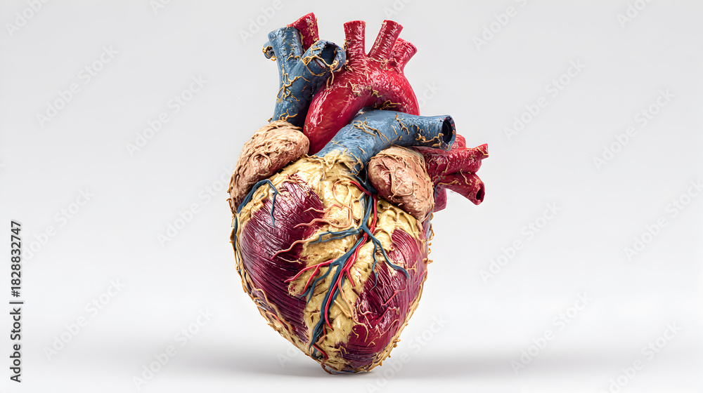 Naklejka premium Detailed Red & Blue Heart Illustration. Illustrative surface shines under bright light. Perfect for medical diagrams, textbooks, or educational posters.