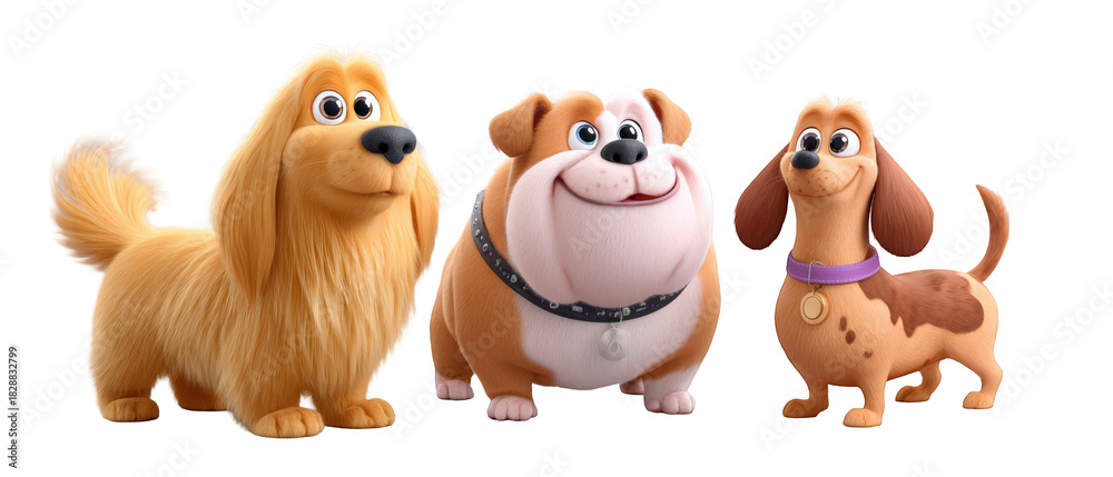 Naklejka premium Three cartoon dogs of different breeds posing together in a cheerful setting with vibrant colors