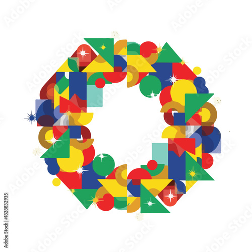 A colorful geometric wreath made of various shapes and sizes on a white background. Perfect for designs, backgrounds, and graphic resources.