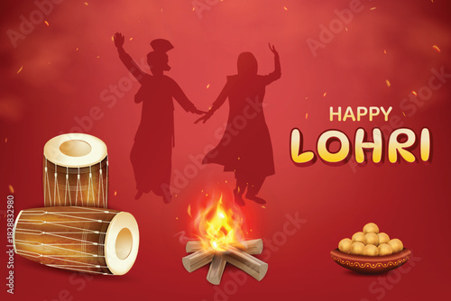 Lohri Festival Celebration With Bonfire, Drums and Silhouette Of Punjabi Dance On Red Color Background. Indian Ethnic Festive Sale Celebration Theme Concept Vector Illustration.
