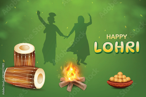 Lohri Festival Celebration With Bonfire, Drums and Silhouette Of Punjabi Dance On Green Color Background. Indian Ethnic Festive Sale Celebration Theme Concept Vector Illustration.
