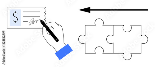 Financial transaction process. A hand signing a check payment, paired with puzzle pieces collaboration. Financial transaction supports teamwork and efficiency. For business, banking, cooperation
