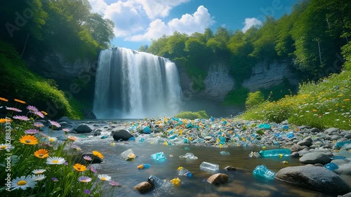 Polluted Waterfall Landscape with Plastic Waste and Wildflowers pollution environmental disaster