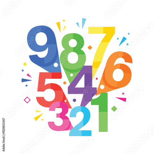 Colorful numbers from 1 to 9 arranged in a playful explosion of shapes and colors on a white background. Perfect for presentations, educational materials, and marketing content.