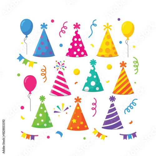 A colorful digital illustration of various party hats, balloons, and confetti on a white background. Perfect for celebrations, birthday parties, and festive decorations.