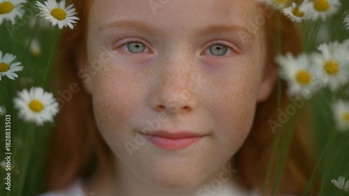 Young girl with red hair surrounded by daisies in overhead daylight