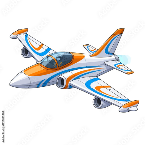 Cartoon illustration of a white and orange jet plane with blue accents.