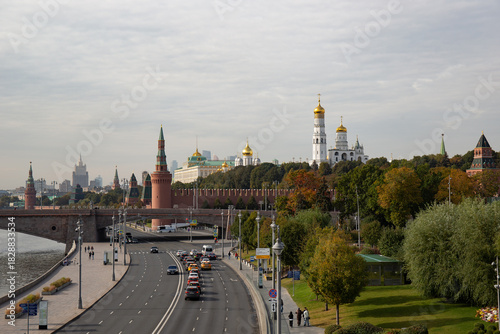A beautiful view of the Kremlin towers in Zaryadye Park in Moscow  in summer