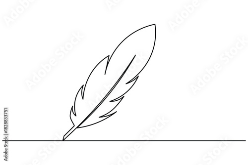 Single continuous line art of a feather quill writing on a line illustration