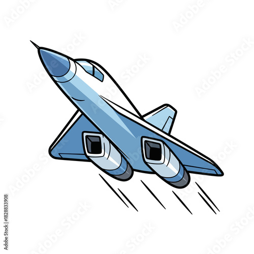 Cartoon illustration of a light blue jet airplane soaring through the sky with contrails.
