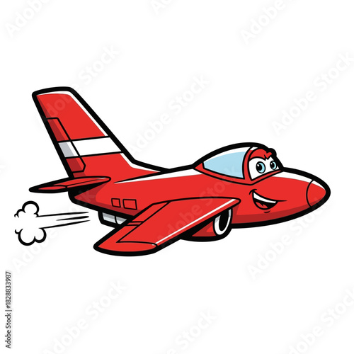 Cartoon red jet plane with a happy face and white smoke trail.