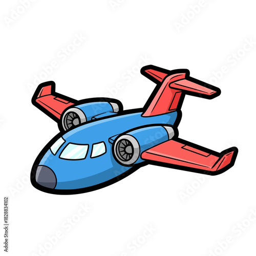 A cartoon illustration of a blue airplane with red wings and tail, featuring two engines and cockpit windows.