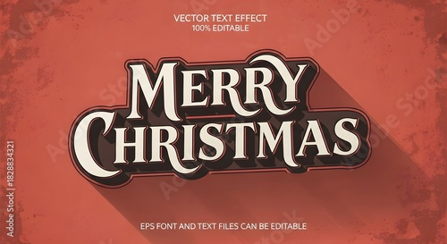 Vintage merry christmas text effect with classic typography and a long shadow on a rustic red background, ideal for holiday greetings, banners, and festive designs