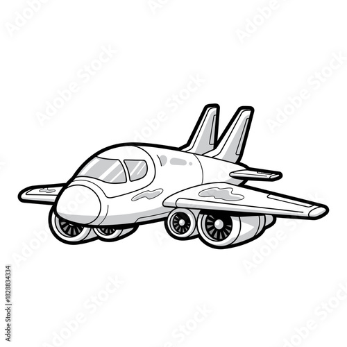 Black and white cartoon drawing of a modern jet airplane with multiple engines and sleek design.