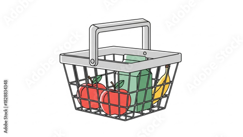 Simple line drawing illustration of a wire shopping basket filled with fresh fruit like apple and banana