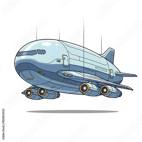 Illustration of a futuristic airship with engines and a sleek design.