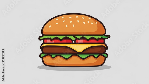 Delicious cartoon illustration of a classic cheeseburger with sesame seed bun, lettuce, tomato, and melted cheese, perfect for fast food promotion