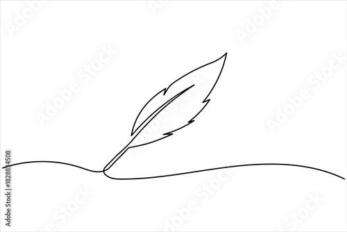 Minimalist continuous line art of a quill feather for writing illustration