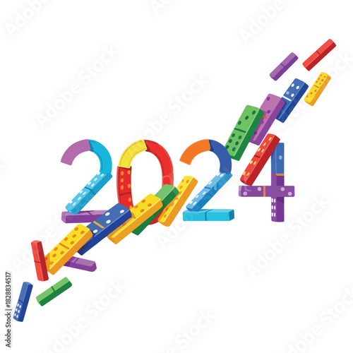 Colorful plastic building blocks forming the year 2024 on a white background. Perfect for marketing, calendars, and New Year's resolutions.