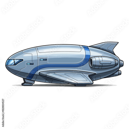A sleek, futuristic silver and blue airship concept art isolated on a white background.