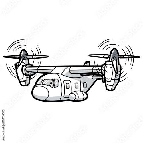 Cartoon illustration of a tiltrotor aircraft with spinning rotors.