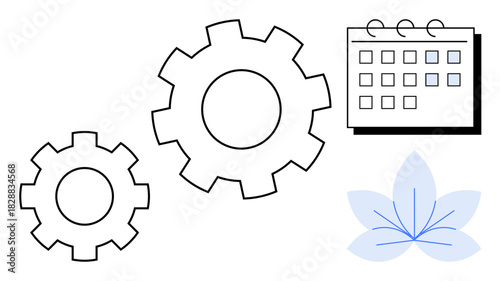 Two cogwheels for mechanisms, a calendar for planning, and a leaf-shaped element for harmony. Ideal for productivity, time management, teamwork, organization, creativity balance meditation. Simple